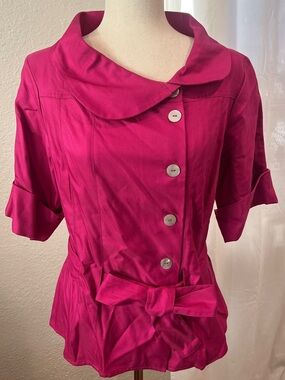 Boutique Essentials 100% Cotton Fuchsia Button-Up Blouse with Bow. Size 10